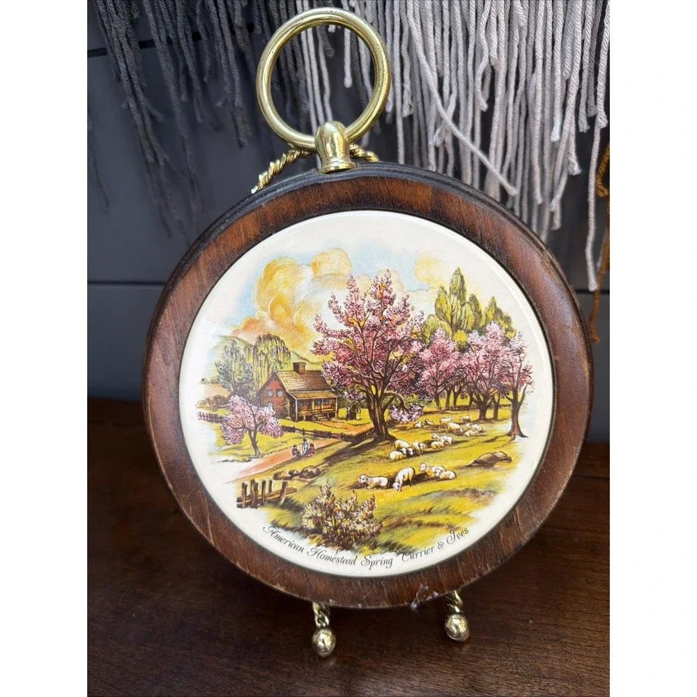 Set 4 Currier & Ives American Homestead Wall Plaques Wood Ceramic Plate Vintage